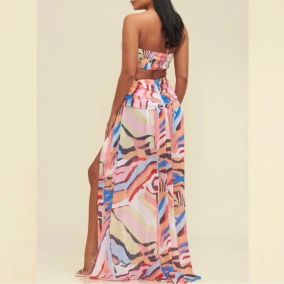 Two Piece Multicolor Abstract Tie Front High Slit Skirt And Top Set - Picture 2 of 4